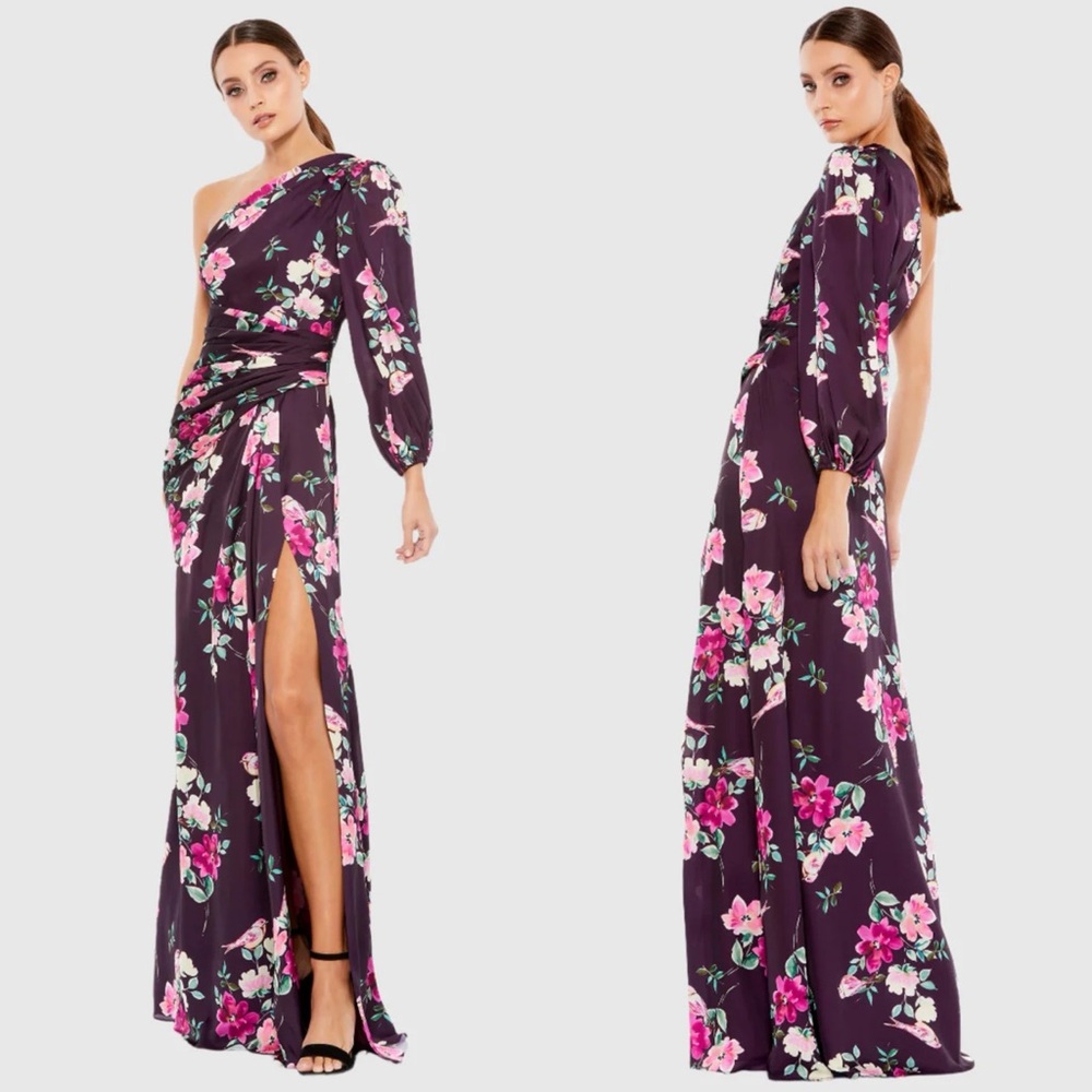 Mac Duggal Plum Floral Print One Sleeve Gown Dress NEW Size XS
